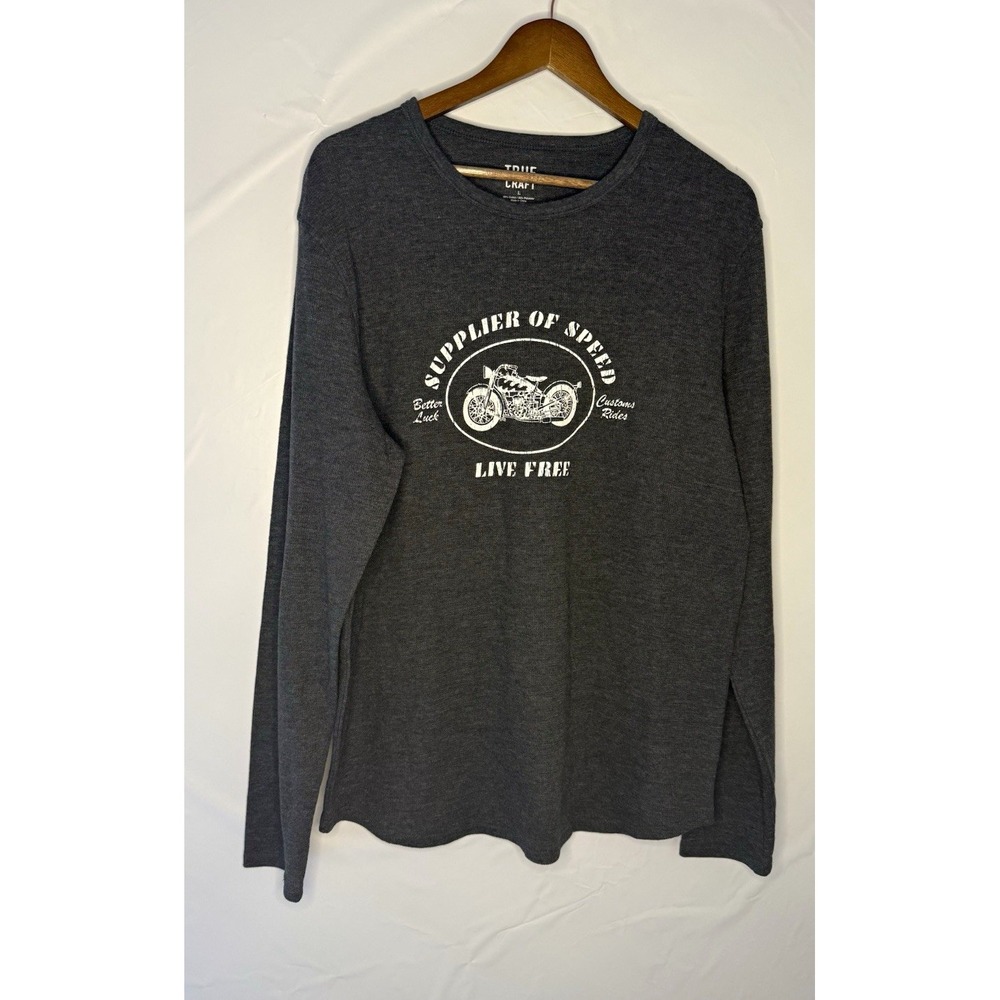 True Craft Men's Gray Long Sleeve Crew Neck Motorcycle Graphic T-Shirt Size L